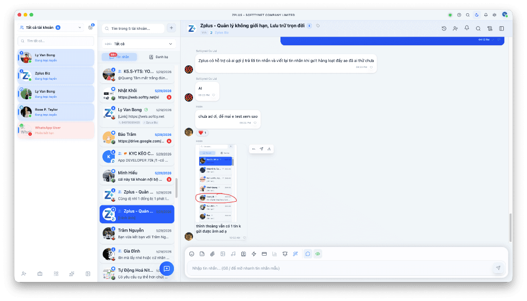 Giao diện hộp thư đa kênh Zplus — quản lý song song nhiều tài khoản Zalo, Telegram, Facebook Messenger