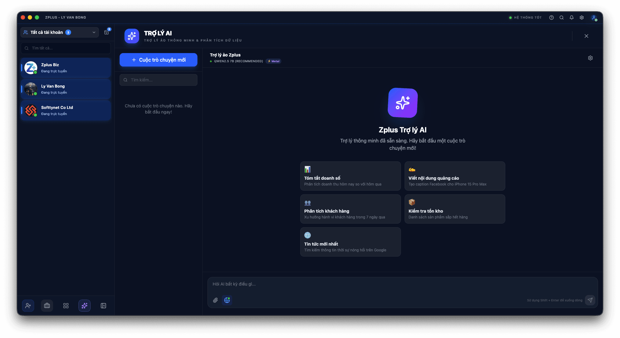 Giao diện trợ lý AI trong Zplus — tóm tắt cuộc trò chuyện, gợi ý trả lời không cần mạng