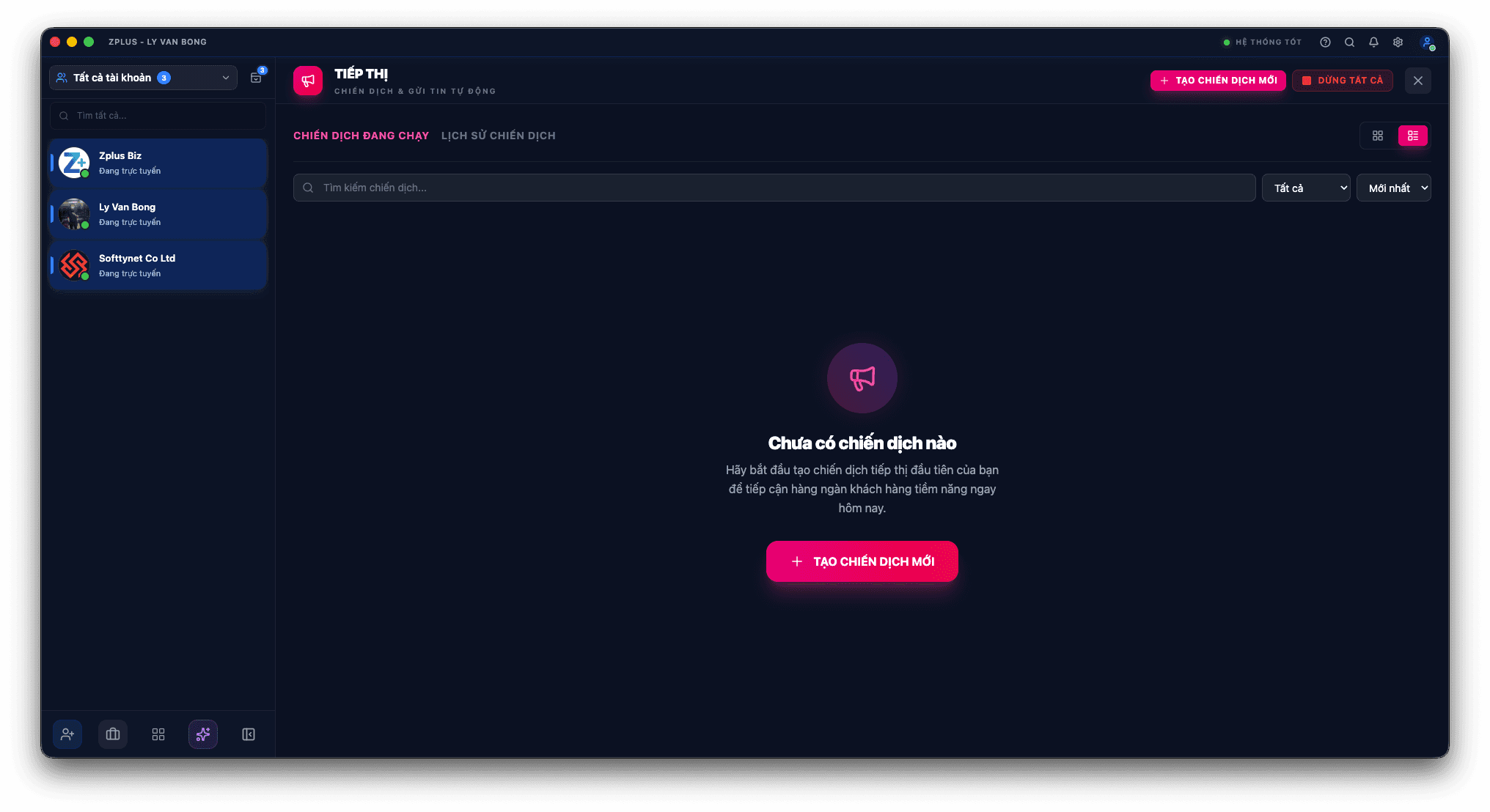 Giao diện tiếp thị tự động trong Zplus — tạo chiến dịch gửi tin nhắn hàng loạt
