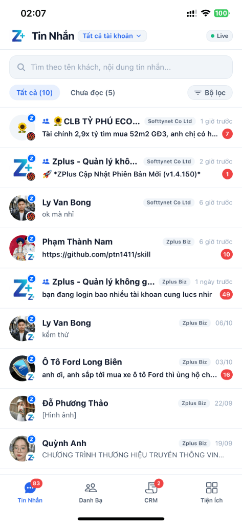 Giao diện hộp thư đa tài khoản Zalo trên điện thoại Zplus Mobile