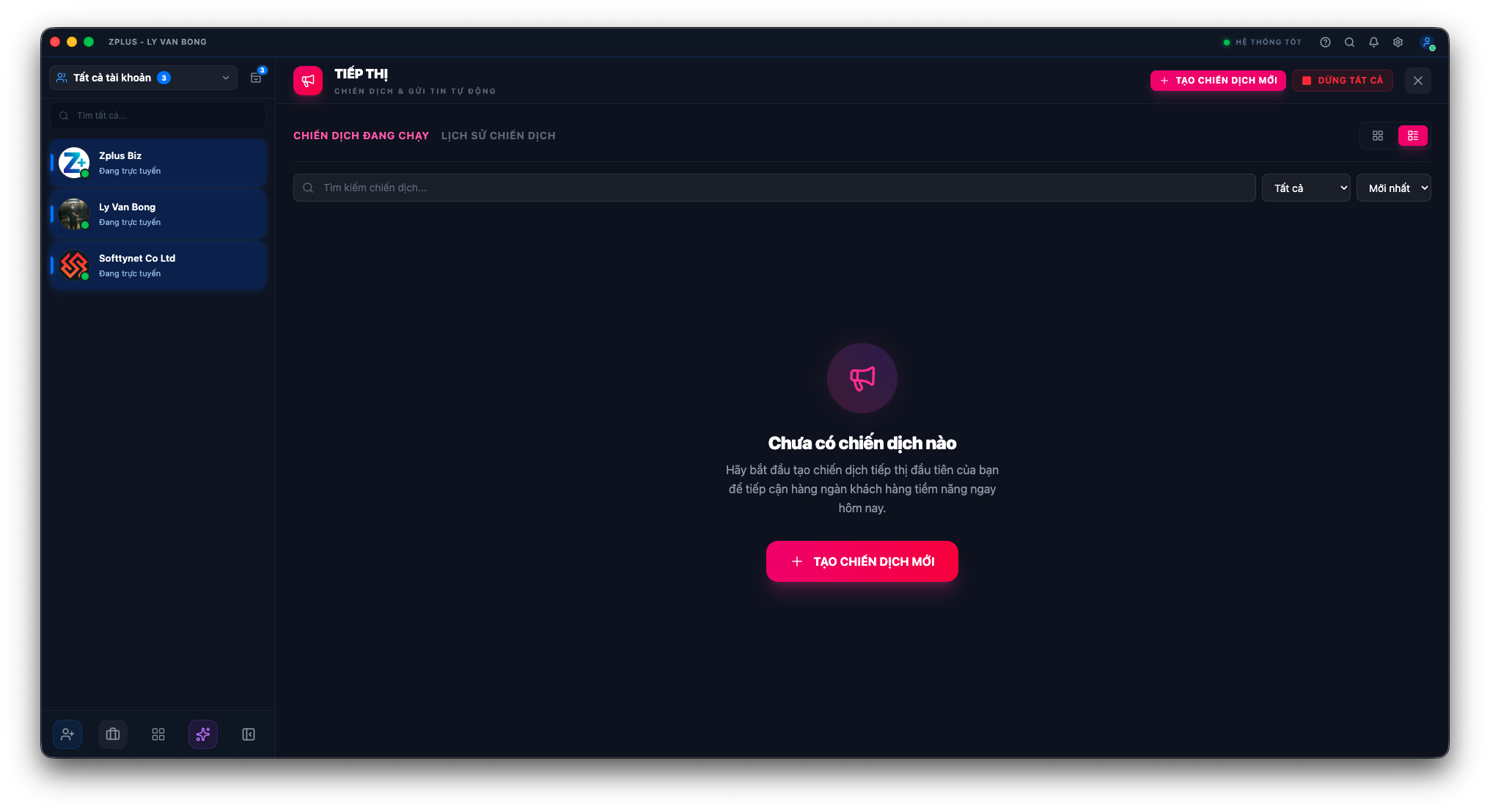 Giao diện thiết lập chiến dịch Marketing tự động trên Zplus